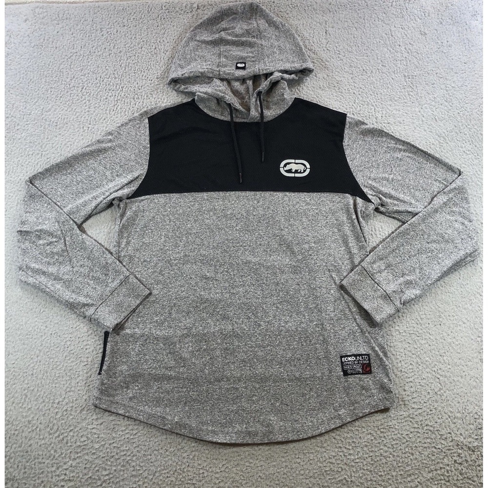Ecko unltd. Sweater Hoodie Men's M Gray Black Color Block Spell Out Back Hit Y2K